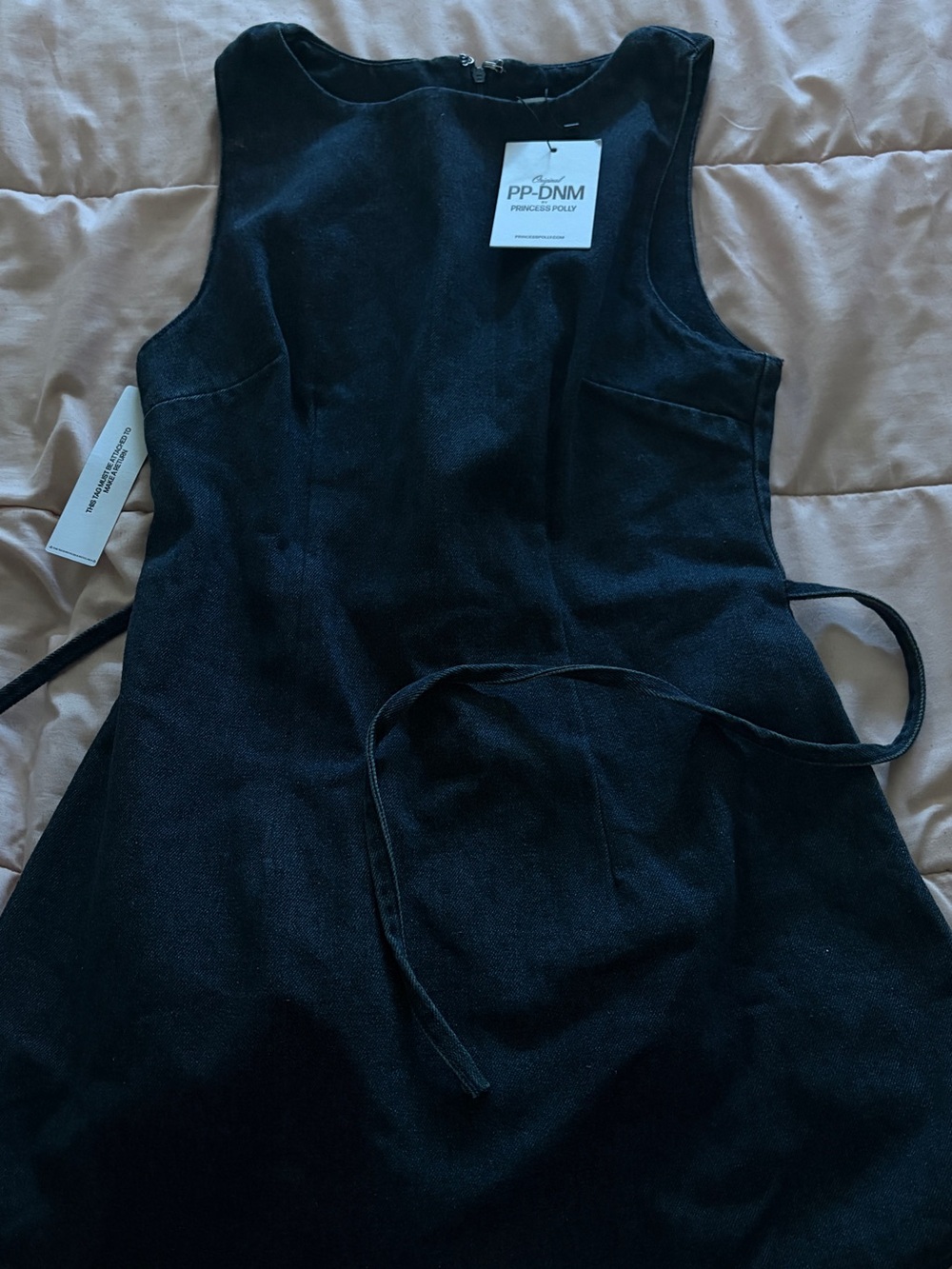 Sleeveless Dark Blue Denim Dress with Waist Tie